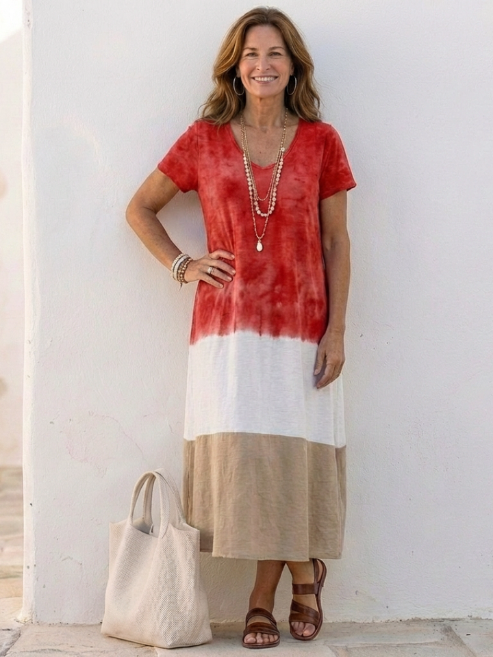 Thalia | Vestido midi de cuello en V y manga corta con bloques de color