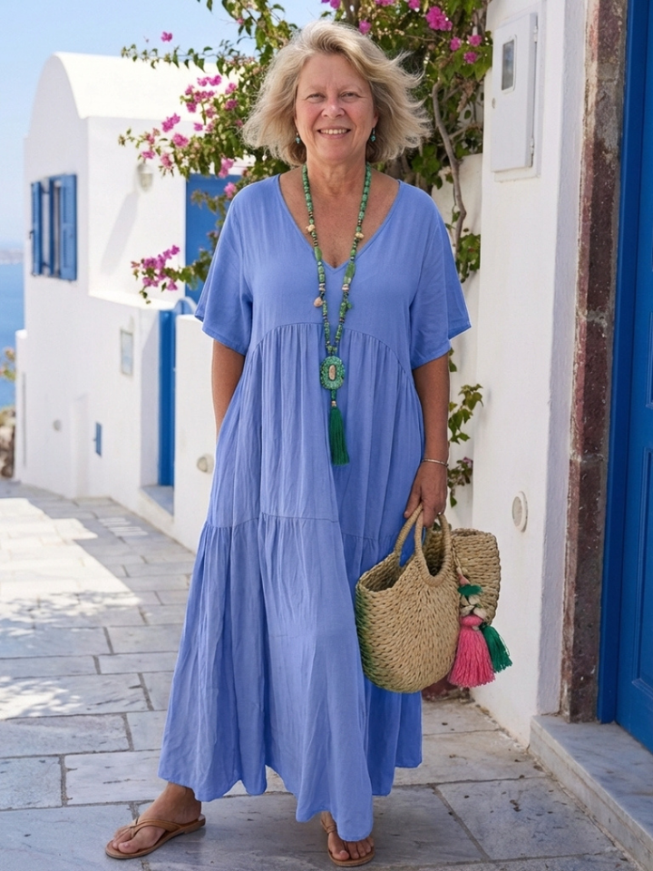 Zinnia | Vestido Maxi Azul de Manga Corta y Volantes