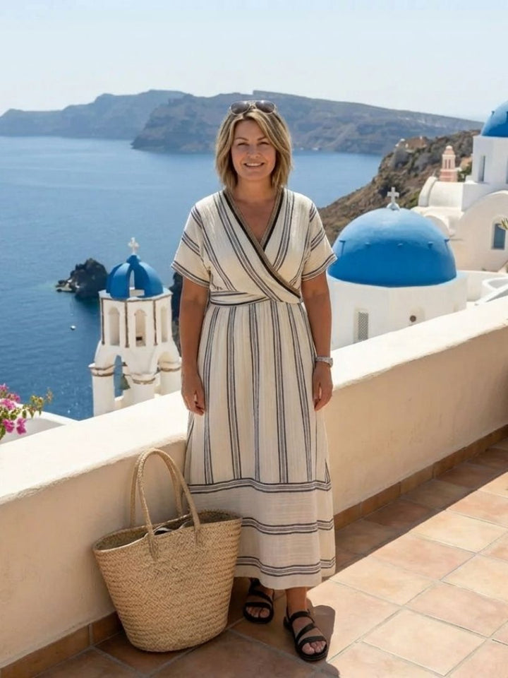 Thalassa | Vestido Midi Envoltura de Manga Corta con Escote en V
