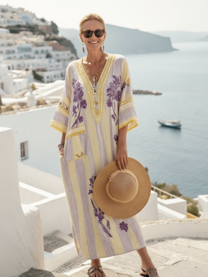 Aurelia | Vestido Maxi de Cuello en V con Mangas Cortas y Patrón a Rayas
