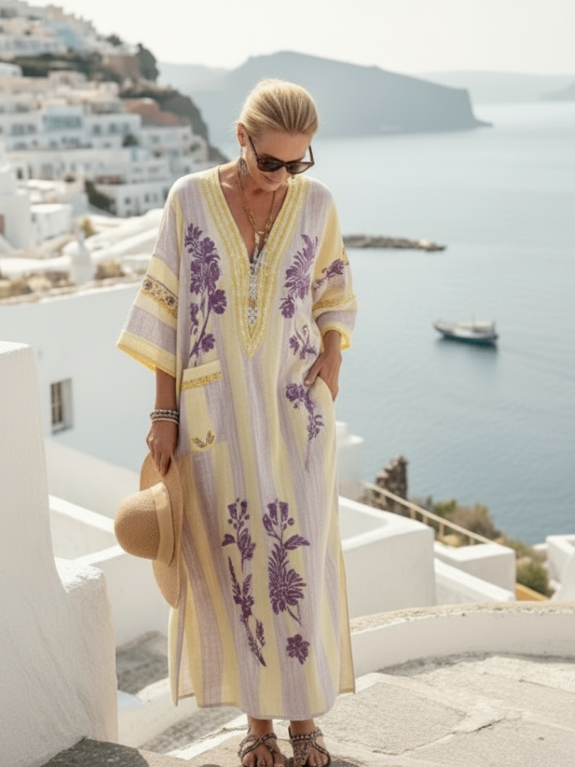 Aurelia | Vestido Maxi de Cuello en V con Mangas Cortas y Patrón a Rayas