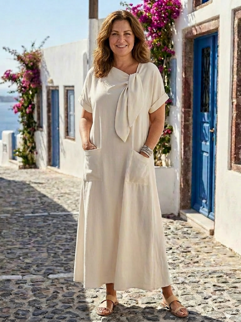 Elowyn | Vestido Maxi de Cuello Redondo y Manga Corta con Bolsillo