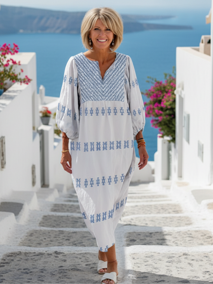 Evadne | Vestido Maxi Bordado de Manga Larga con Escote en V