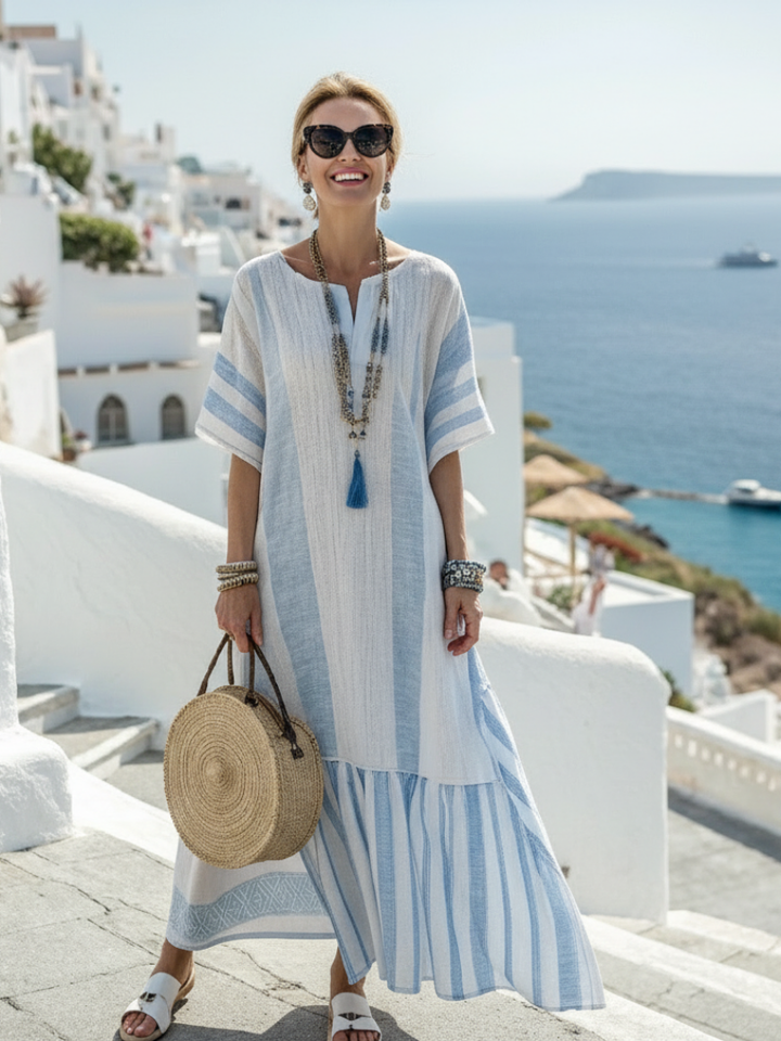 Ione | Vestido Maxi a Rayas de Cuello Redondo y Manga Corta
