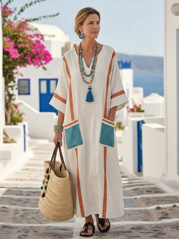 Noemi | Vestido Maxi de Cuello en V con Mangas Cortas y Bolsillos
