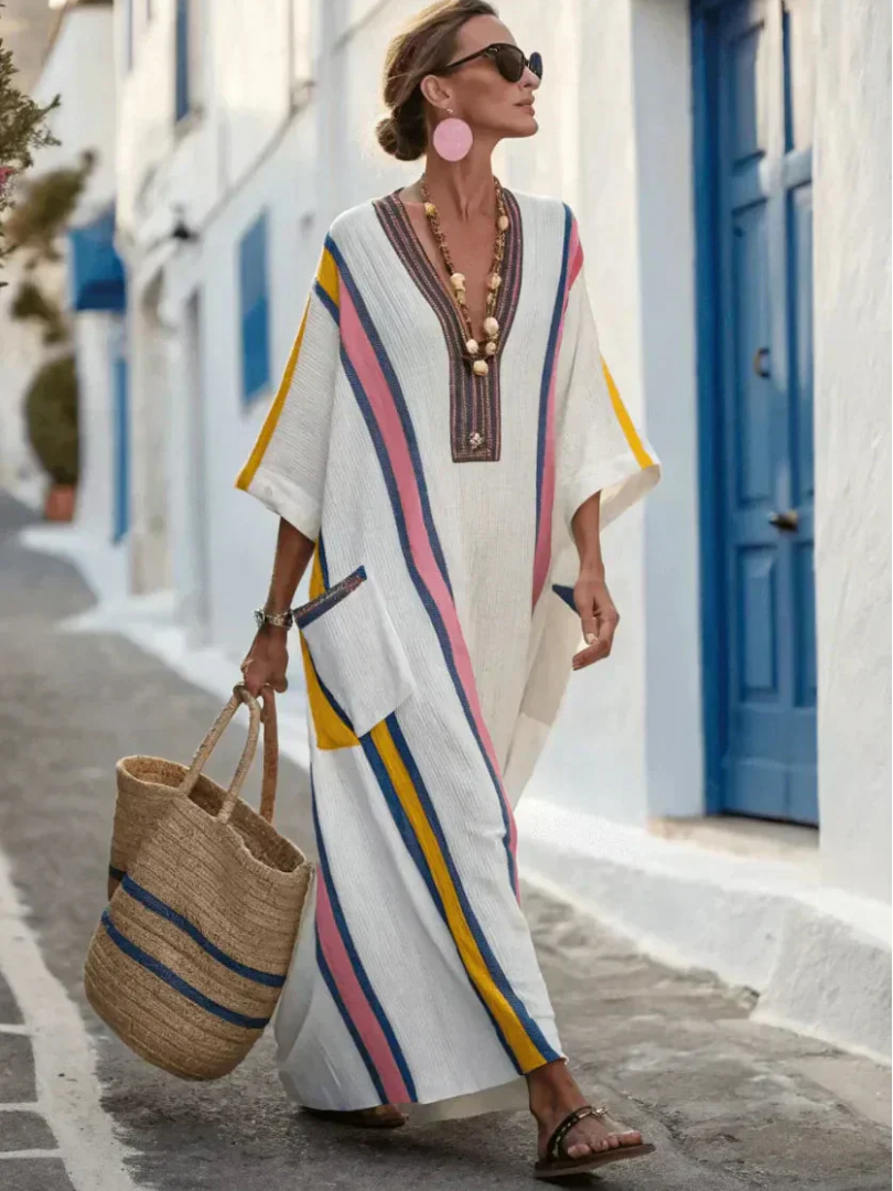 Noemi | Vestido Maxi de Cuello en V con Mangas Cortas y Bolsillos