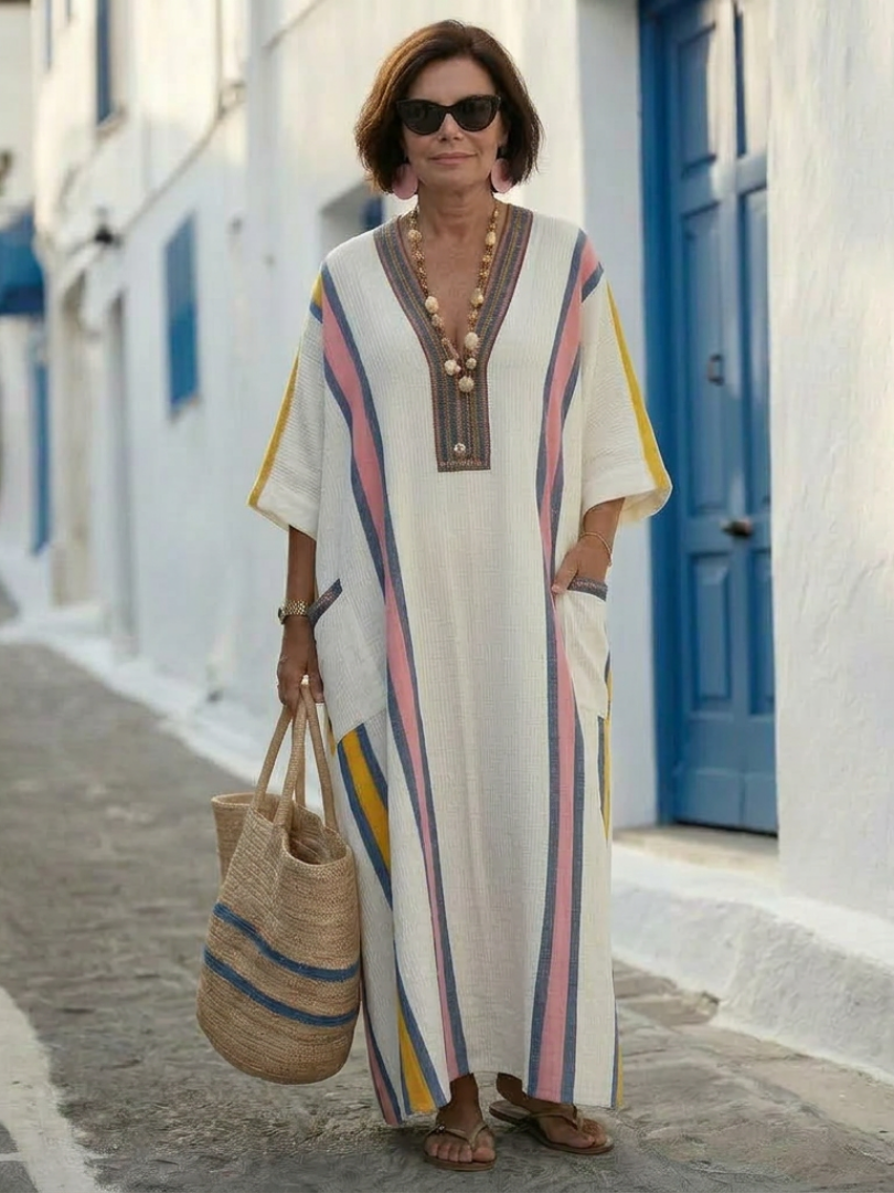 Noemi | Vestido Maxi de Cuello en V con Mangas Cortas y Bolsillos
