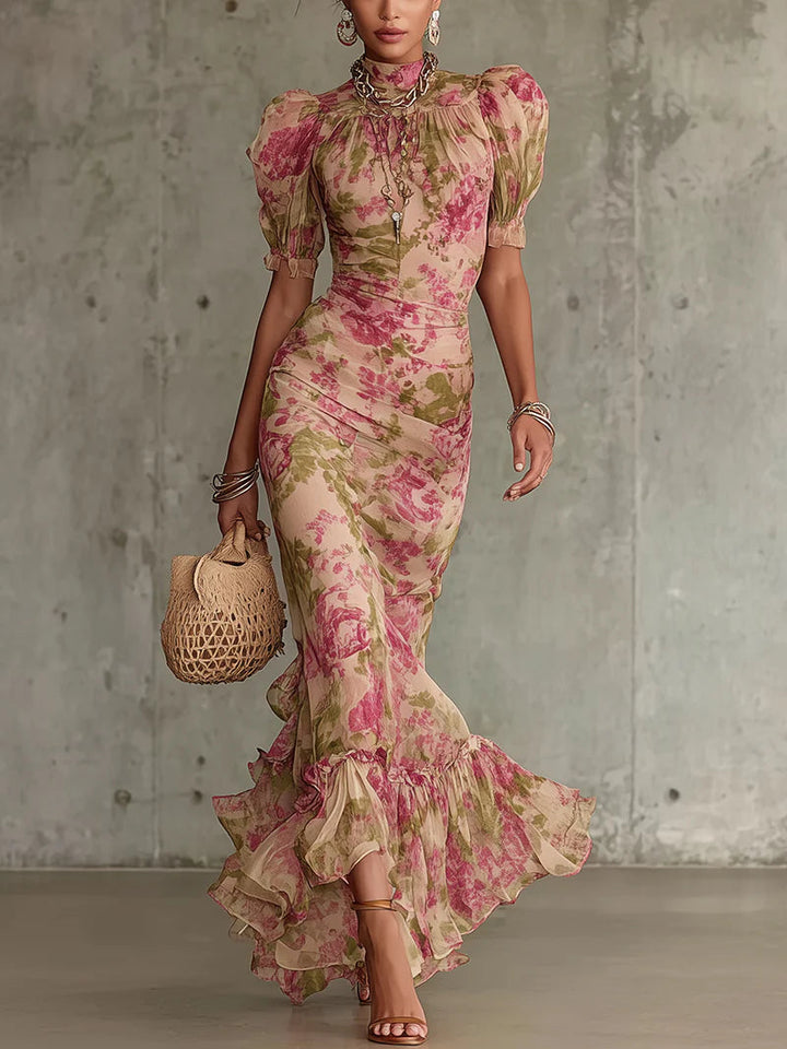 Jill - Vestido Maxi de Manga Abullonada con Patrón de Rosa Vintage