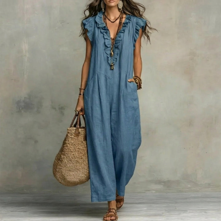 Josefina | Vestido Largo de Lino Texturizado con Escote en V y Volantes