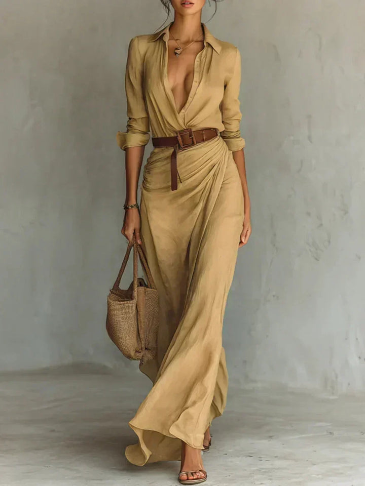 Vestido Camisa Maxi Arrugado para Mujeres con Cinturón, Manga Larga, Botonera