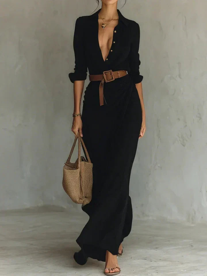 Vestido Camisa Maxi Arrugado para Mujeres con Cinturón, Manga Larga, Botonera