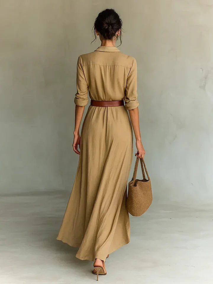 Vestido Camisa Maxi Arrugado para Mujeres con Cinturón, Manga Larga, Botonera