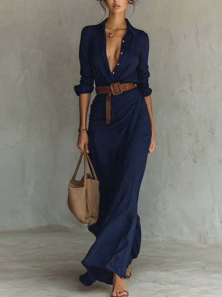 Vestido Camisa Maxi Arrugado para Mujeres con Cinturón, Manga Larga, Botonera