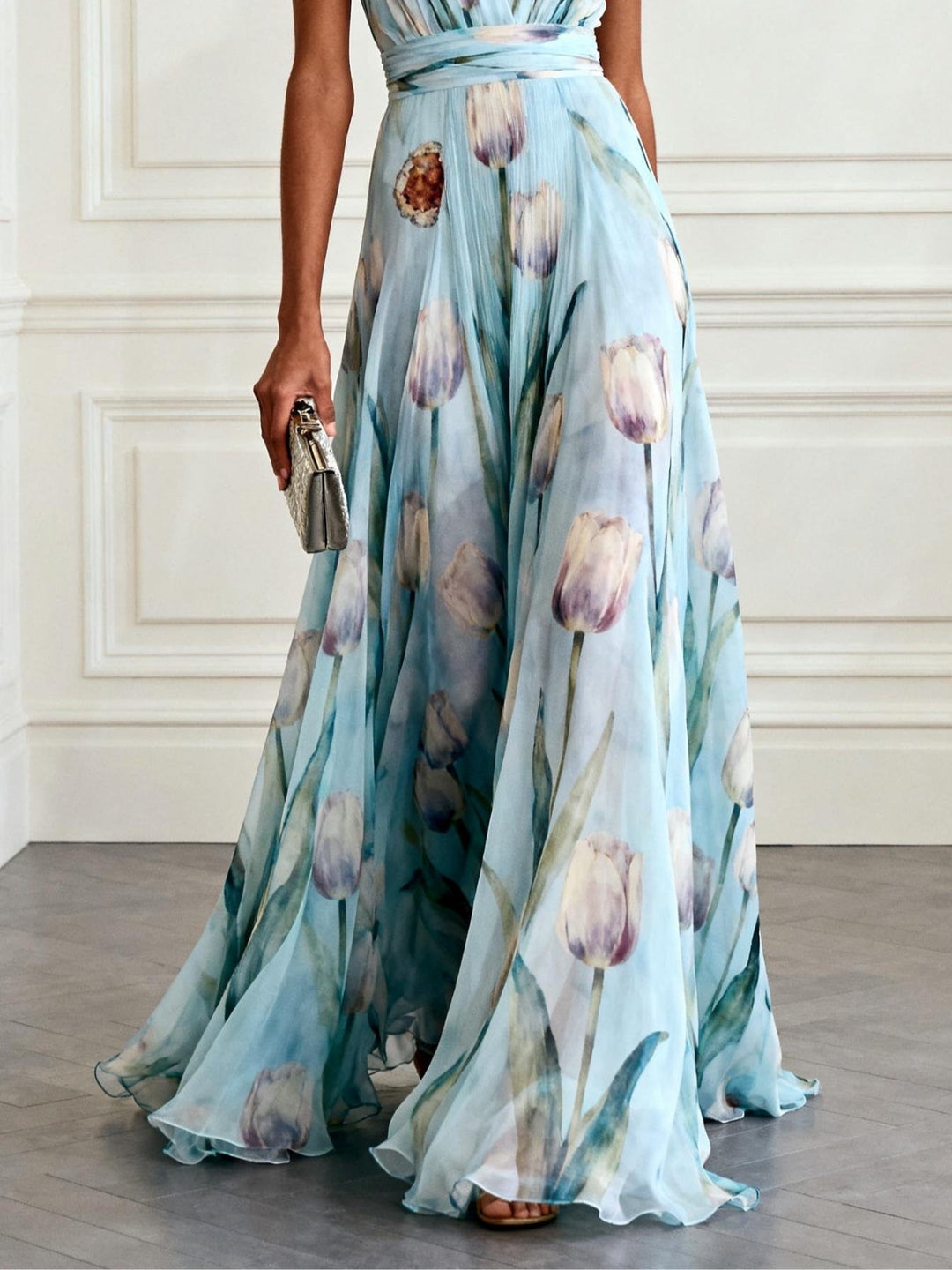 Nerea - Vestido Maxi Elegante con Estampado de Tulipanes y Escote en V