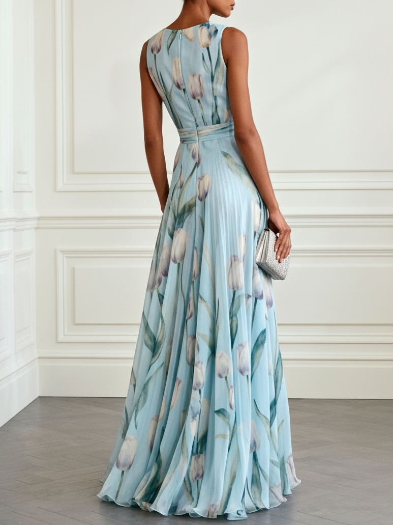 Nerea - Vestido Maxi Elegante con Estampado de Tulipanes y Escote en V