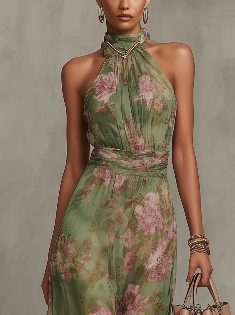 Serena | Vestido Maxi Floral con Cuello Halter
