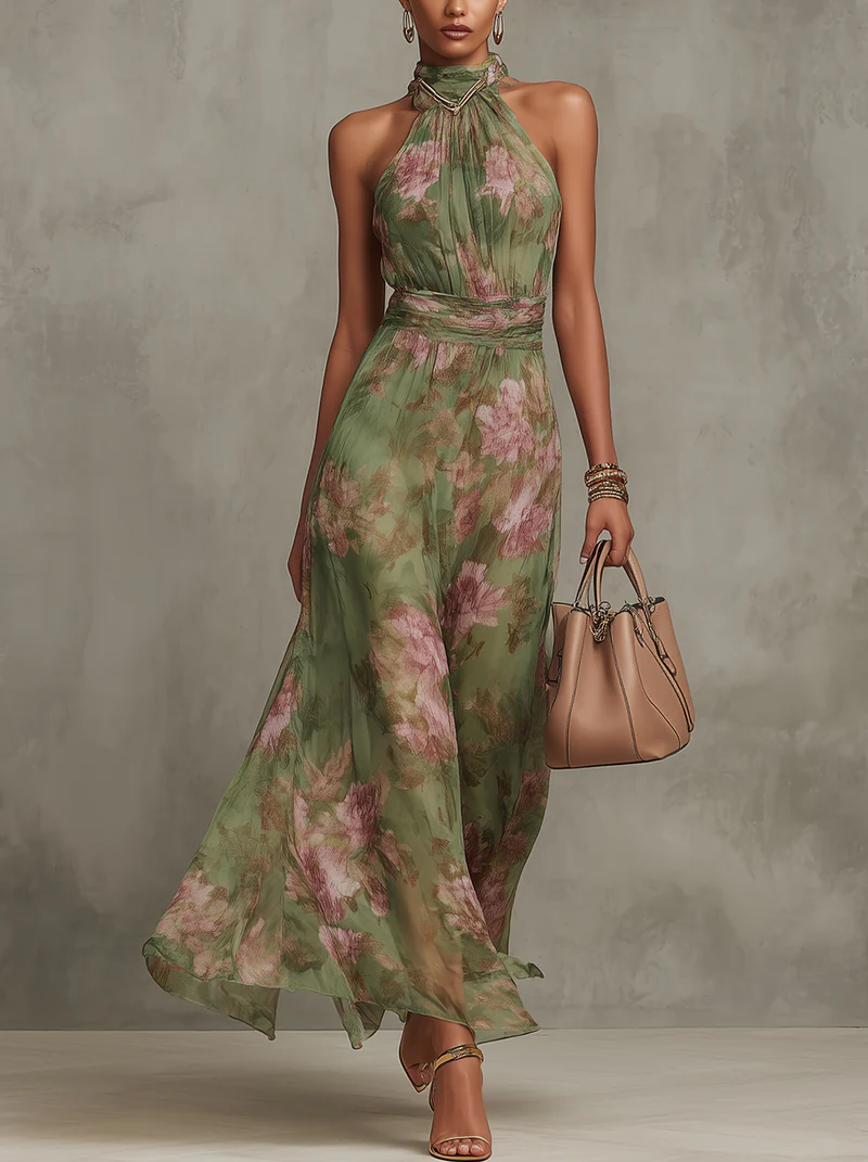 Serena | Vestido Maxi Floral con Cuello Halter