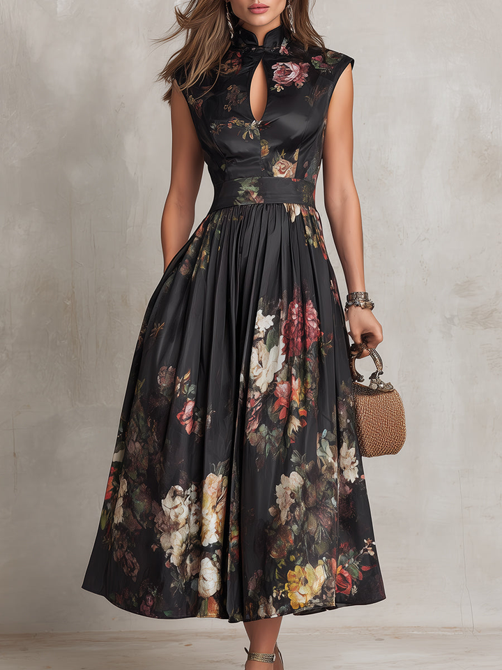 Rosie - Vestido Midi de Satén con Cuello Keyhole Floral y Pliegues en Negro