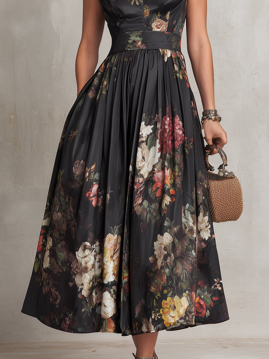 Rosie - Vestido Midi de Satén con Cuello Keyhole Floral y Pliegues en Negro
