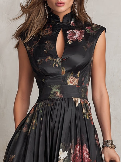 Rosie - Vestido Midi de Satén con Cuello Keyhole Floral y Pliegues en Negro