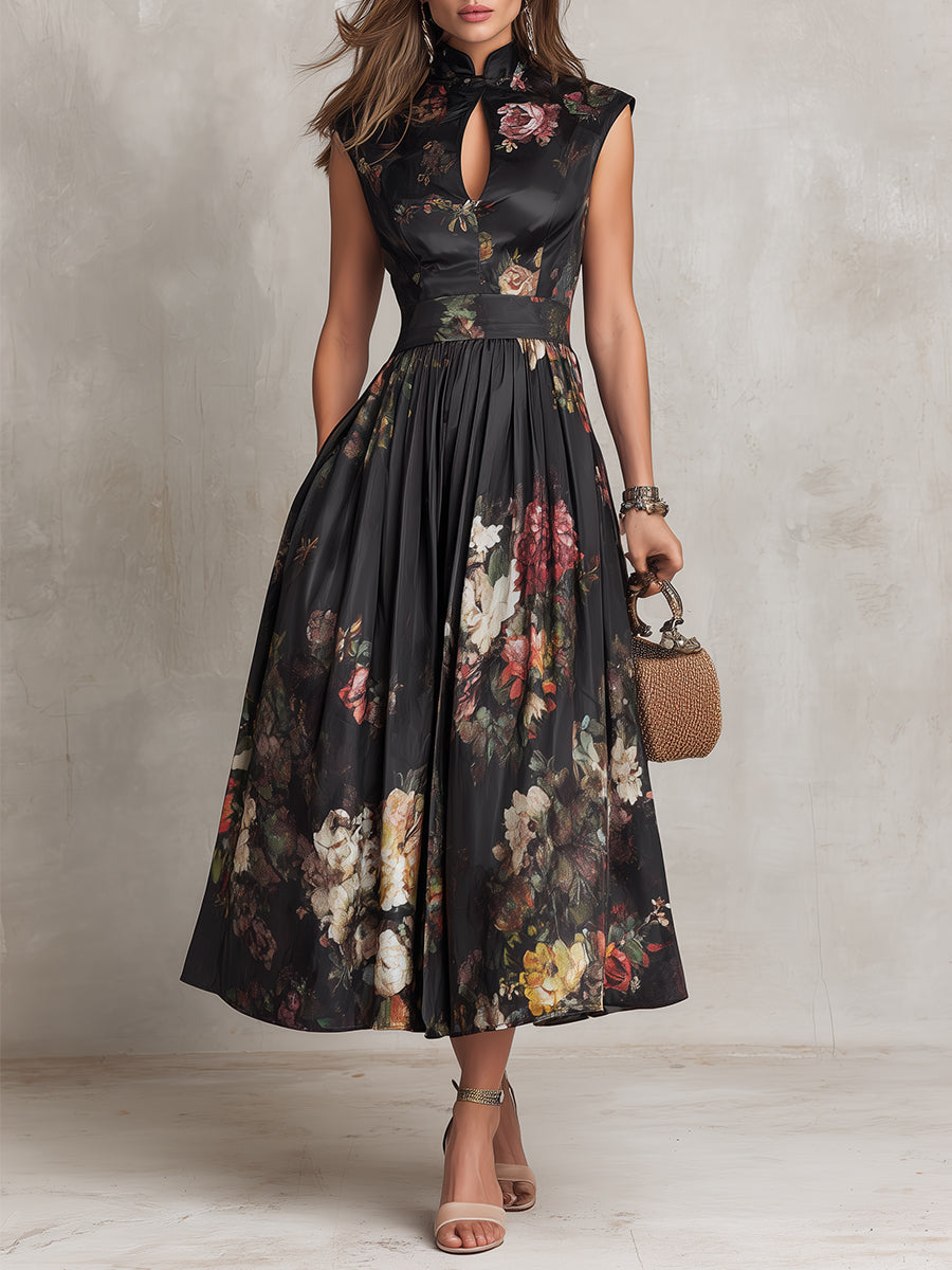 Rosie - Vestido Midi de Satén con Cuello Keyhole Floral y Pliegues en Negro