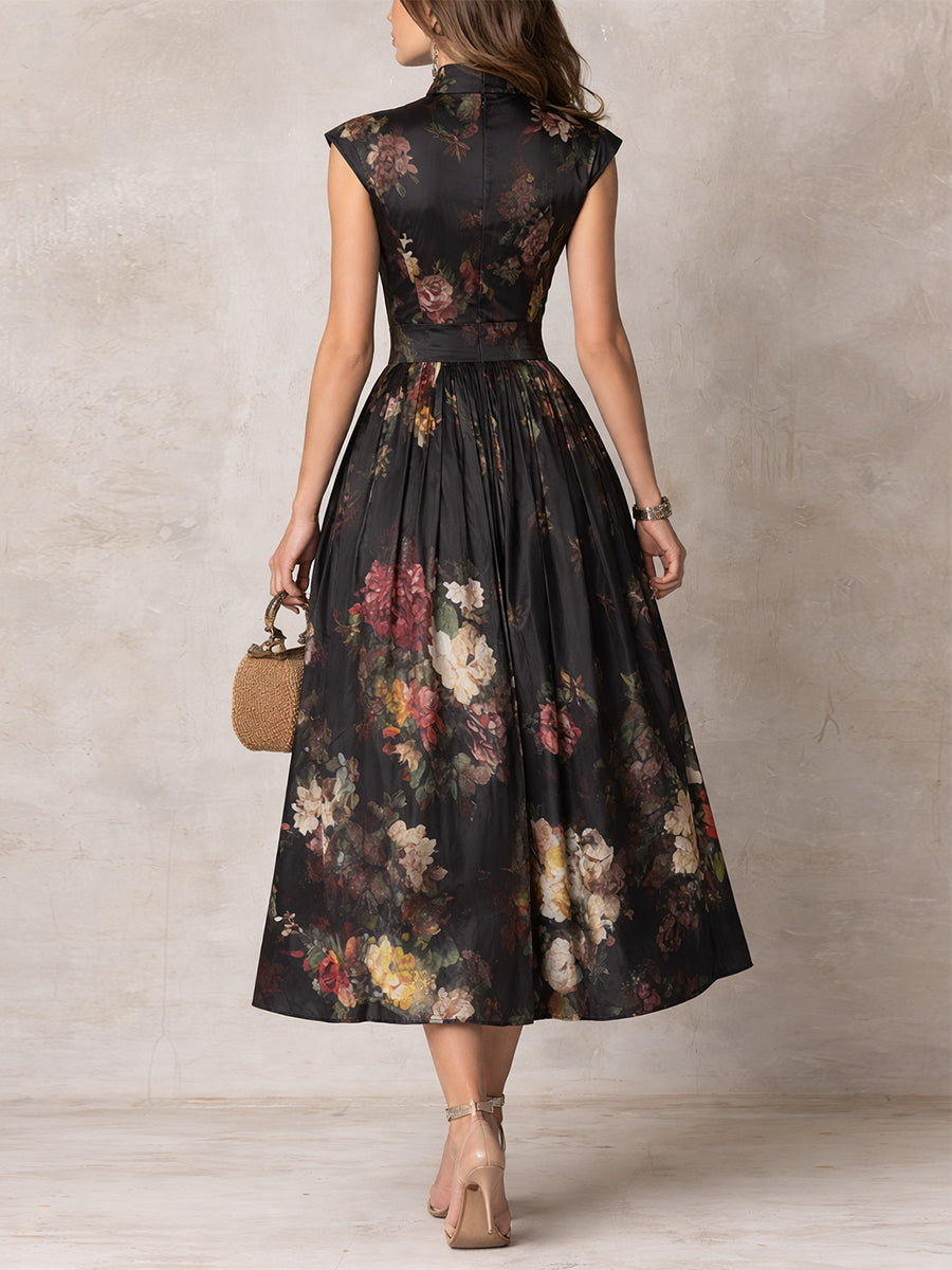 Rosie - Vestido Midi de Satén con Cuello Keyhole Floral y Pliegues en Negro