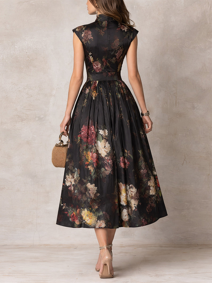 Rosie - Vestido Midi de Satén con Cuello Keyhole Floral y Pliegues en Negro