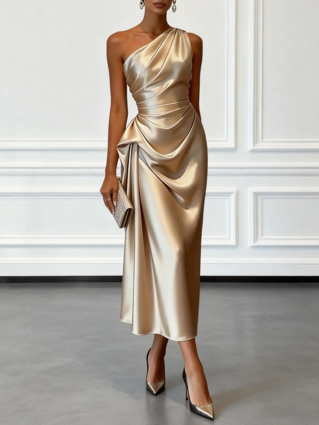 Caille - Vestido Midi Sin Mangas de Satén Champagne con Volantes de Un Hombro
