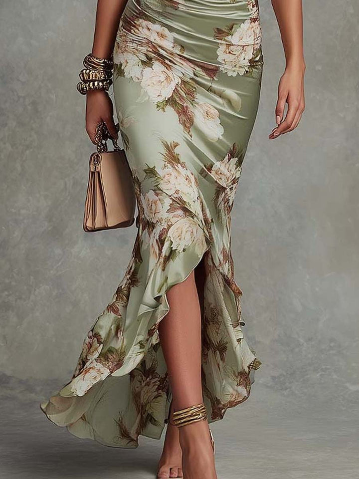 Anastasia | Vestido largo asimétrico de satén verde
