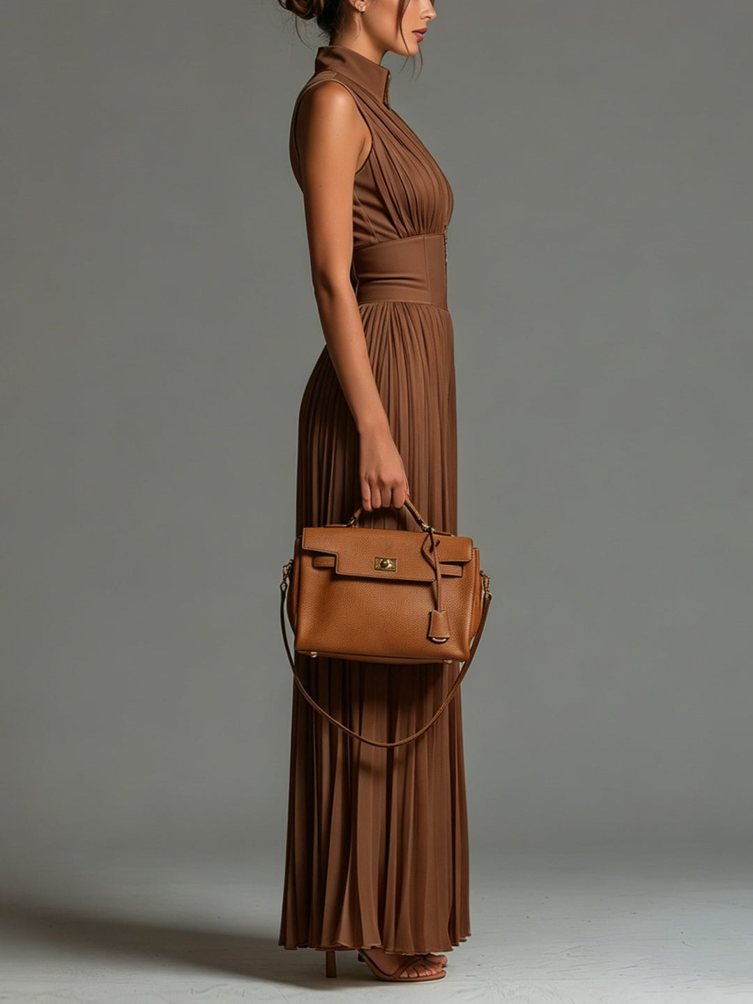 Mono Zsófia | Mono hecho de chiffon plisado en color caramelo