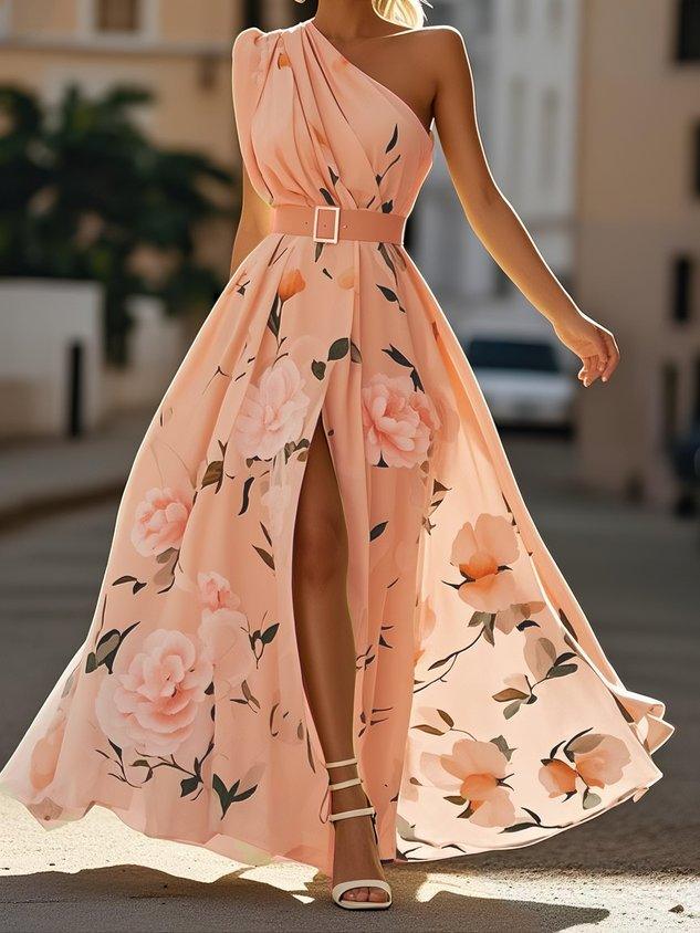 Sella - Vestido Maxi de Chifón A-Line con Volantes de Un Hombro