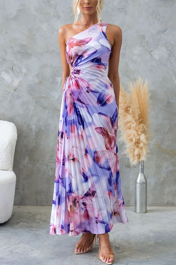 Deja - Vestido Largo Plisado de Un Hombro con Estampado Floral