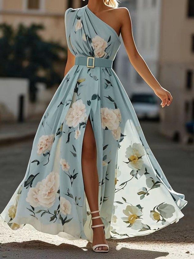 Sella - Vestido Maxi de Chifón A-Line con Volantes de Un Hombro
