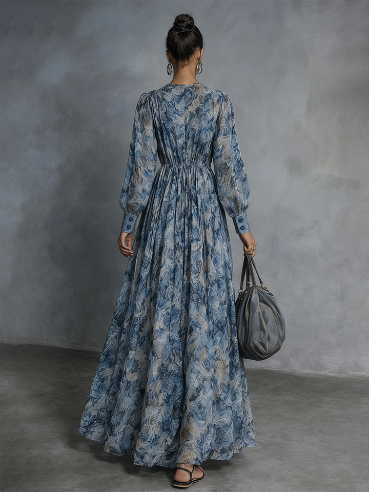 Grace - Vestido Maxi de Chifón con Estampado Floral Azul Estilo Bohemio