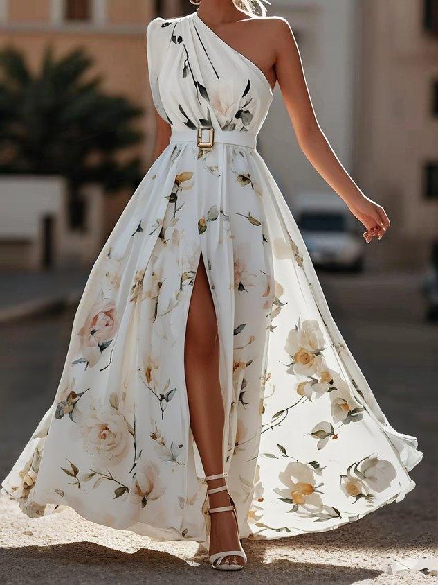 Sella - Vestido Maxi de Chifón A-Line con Volantes de Un Hombro