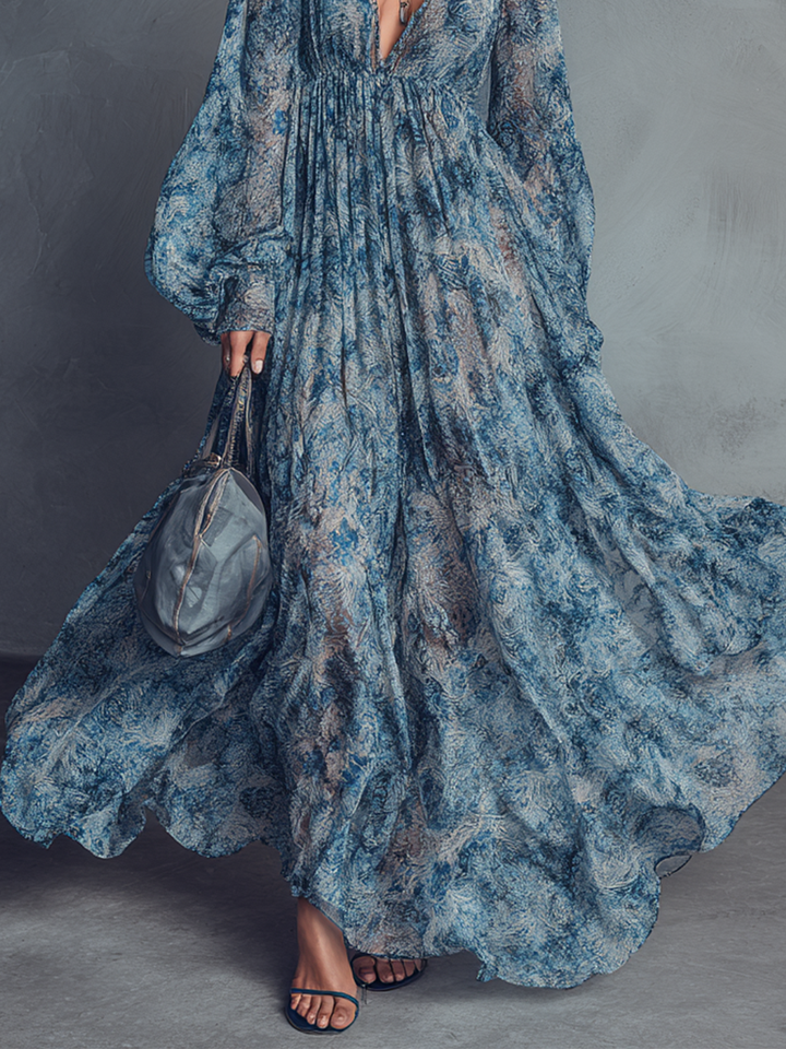 Grace - Vestido Maxi de Chifón con Estampado Floral Azul Estilo Bohemio