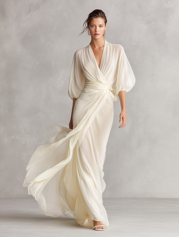 Sefa - Vestido de Chiffon Transparente Marfil