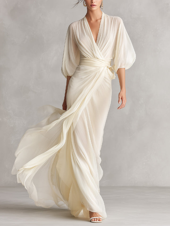 Sefa - Vestido de Chiffon Transparente Marfil