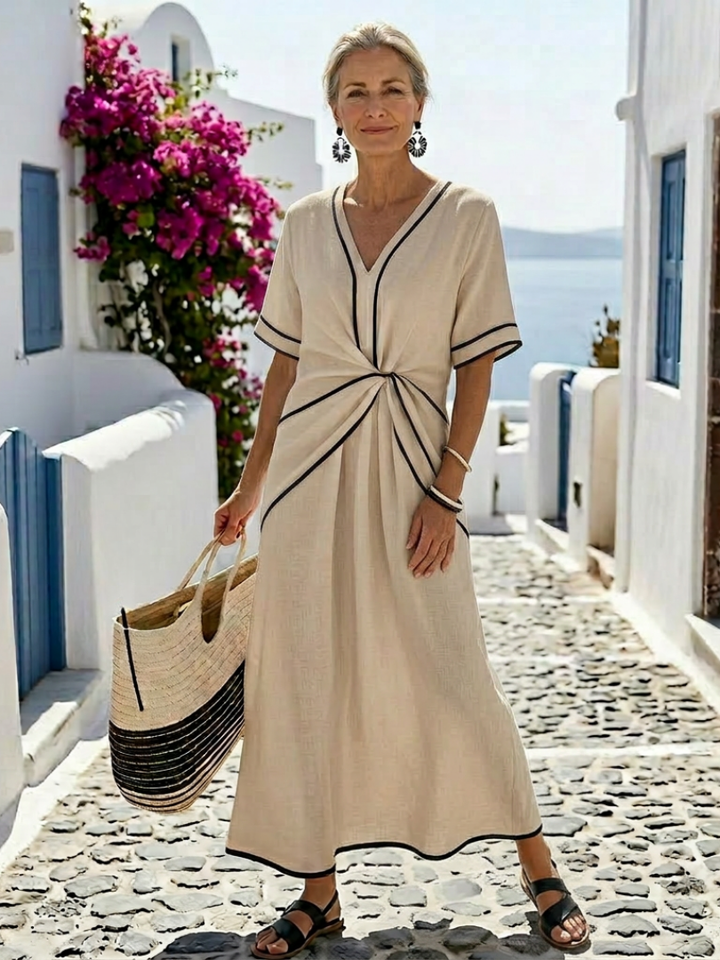 Linnea | Vestido Midi con Escote en V y Mangas Cortas con Cintura Fruncida