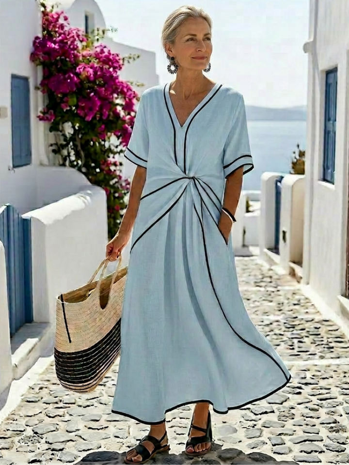 Linnea | Vestido Midi con Escote en V y Mangas Cortas con Cintura Fruncida