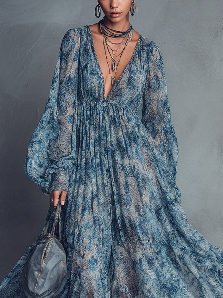 Grace - Vestido Maxi de Chifón con Estampado Floral Azul Estilo Bohemio