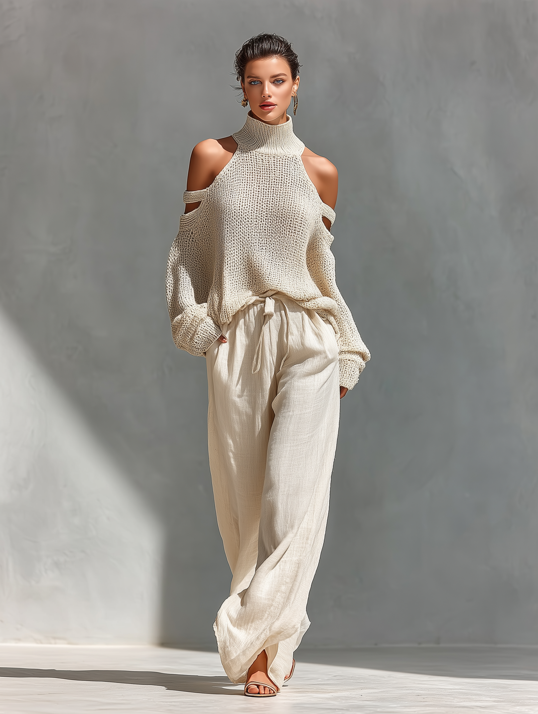 Thalia - Conjunto de Top de Cuello Alto Beige de Punto y Pantalones Anchos