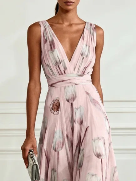 Nerea - Vestido Maxi Elegante con Estampado de Tulipanes y Escote en V