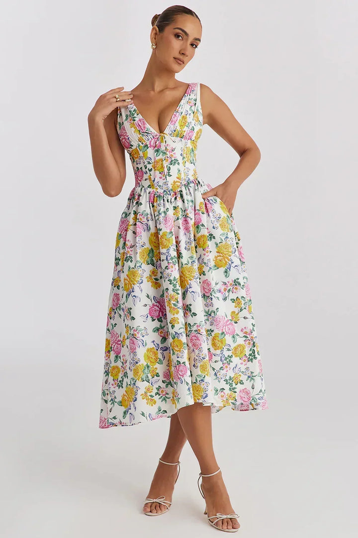 Ariana - Vestido Midi con Corsé y Escote en V