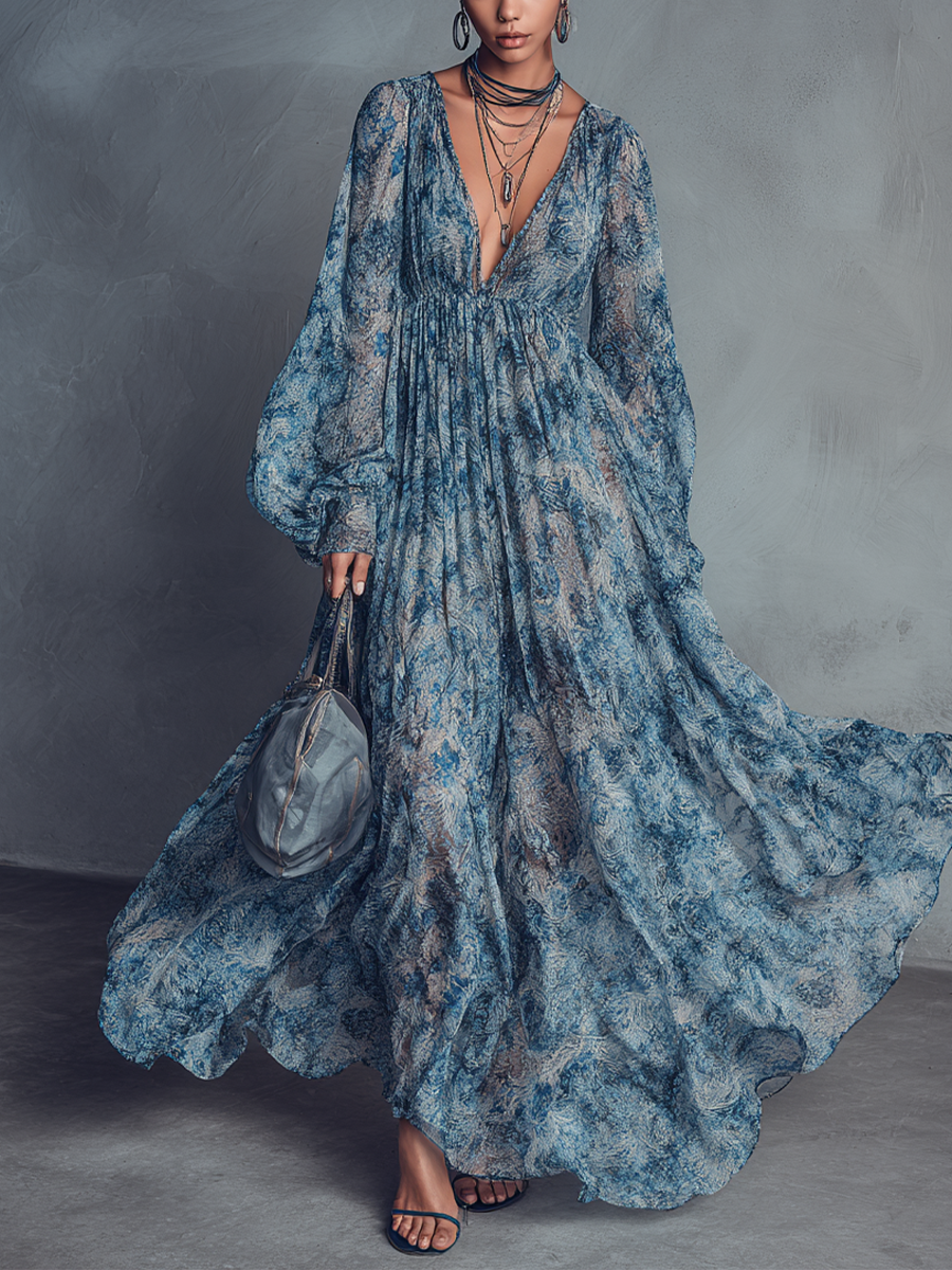Grace - Vestido Maxi de Chifón con Estampado Floral Azul Estilo Bohemio