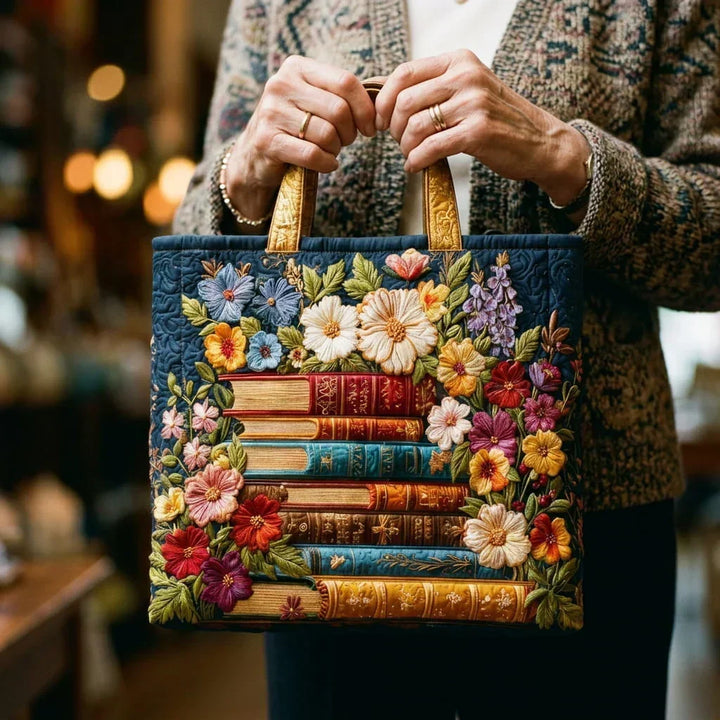 Bolso Tote Artesanal - Estampado Floral y Libros