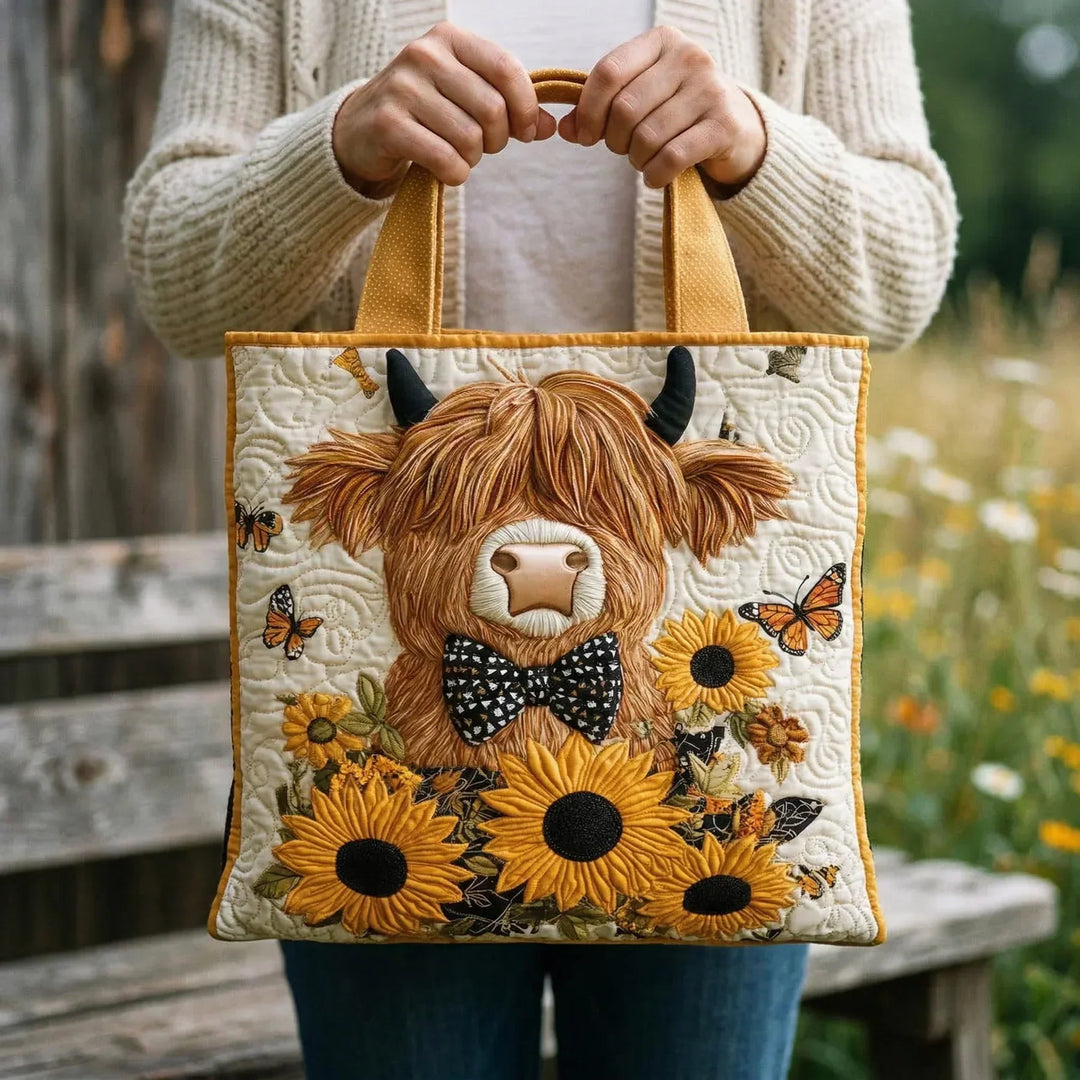 Bolsa Acolchada - Vaca Highland con Girasoles