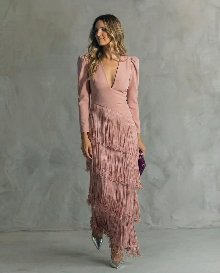 Clara | Vestido Elegante con Mangas con Flecos