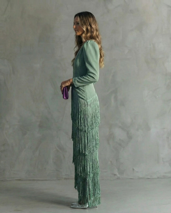 Clara | Vestido Elegante con Mangas con Flecos
