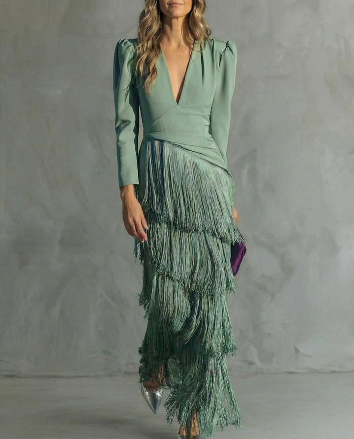 Clara | Vestido Elegante con Mangas con Flecos